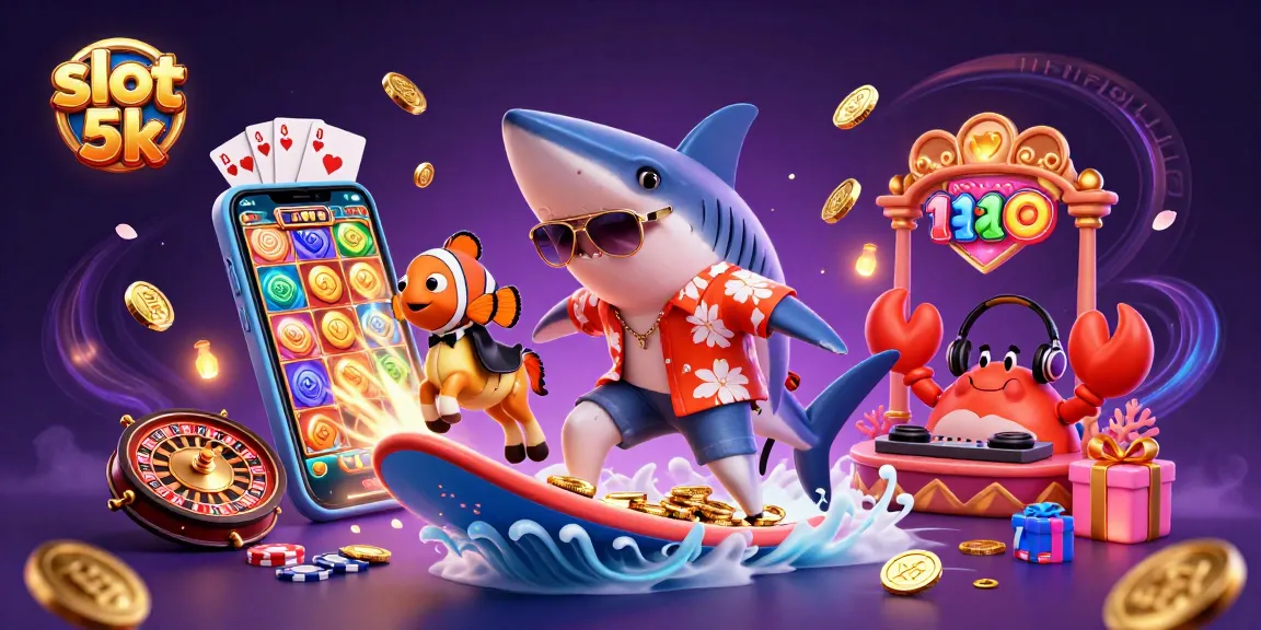 Experience thrilling fun with slot 5k as a hammer-head shark surfs on gold coins amidst dynamic casino elements.