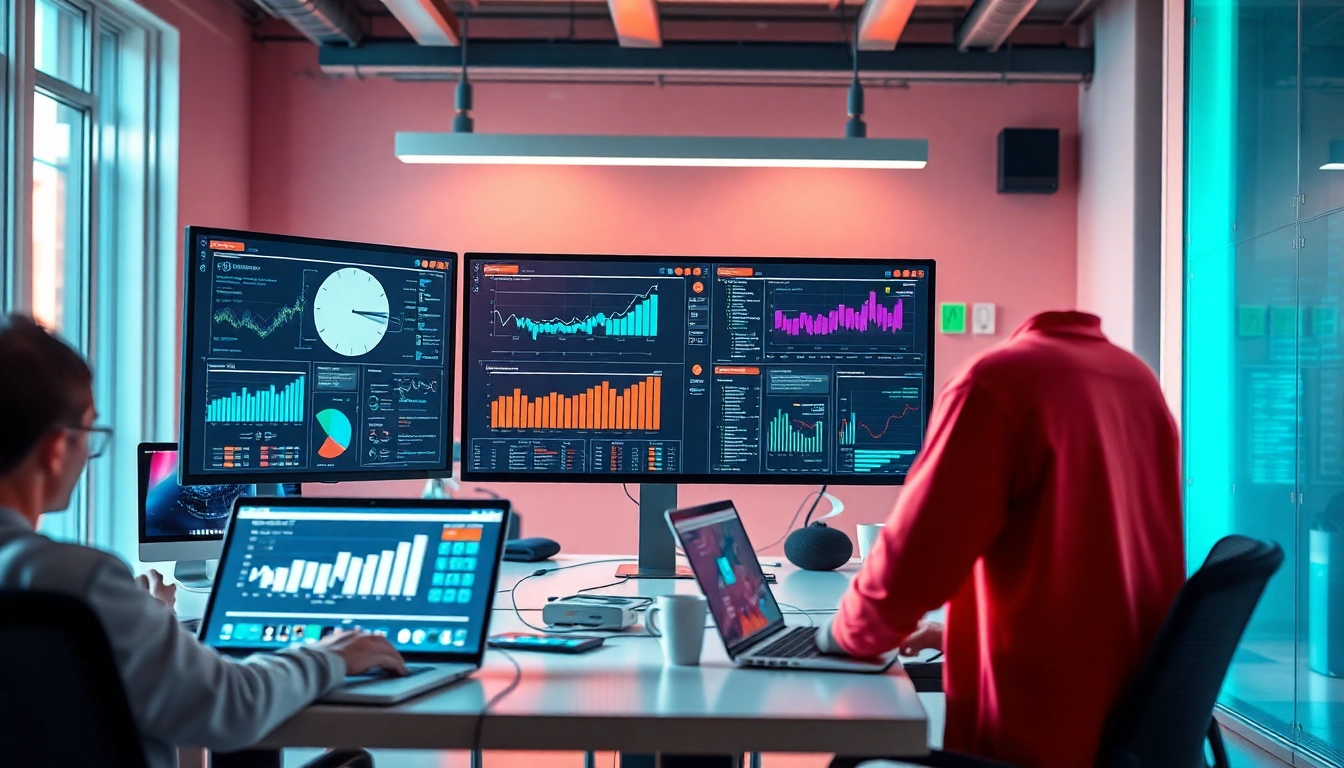 Showcase of modern ai tools in an interactive workspace featuring vibrant tech interfaces.