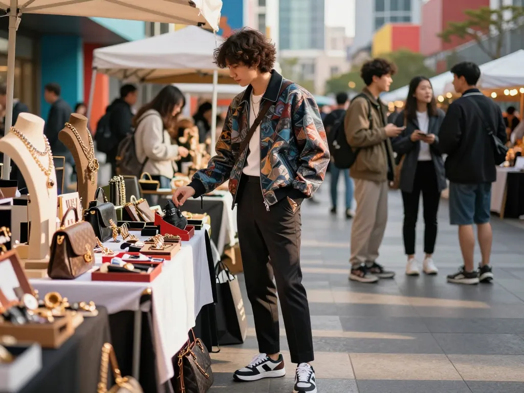 Explore high-quality 레플리카 accessories in a vibrant urban market scene.