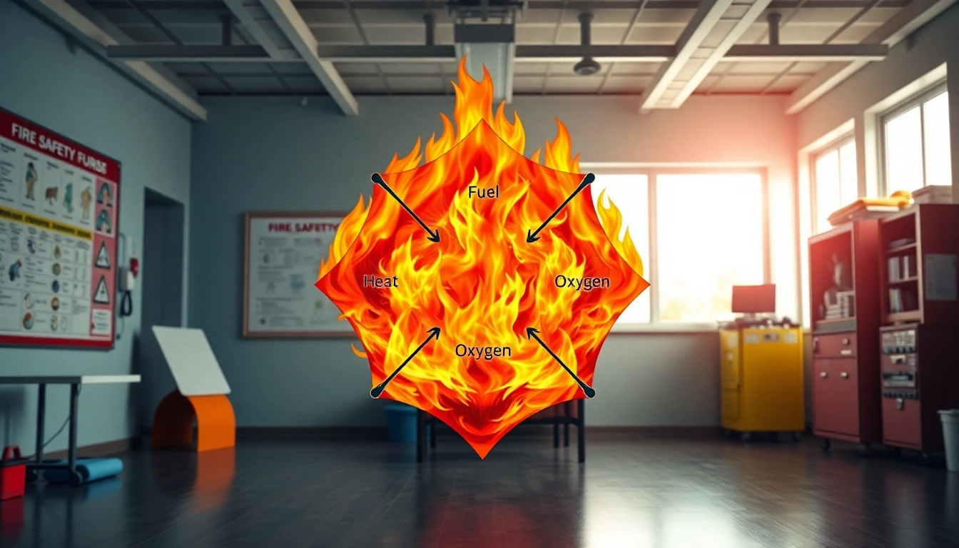 Illustration explaining the fire tetrahedron, highlighting fuel, heat, oxygen, and more.