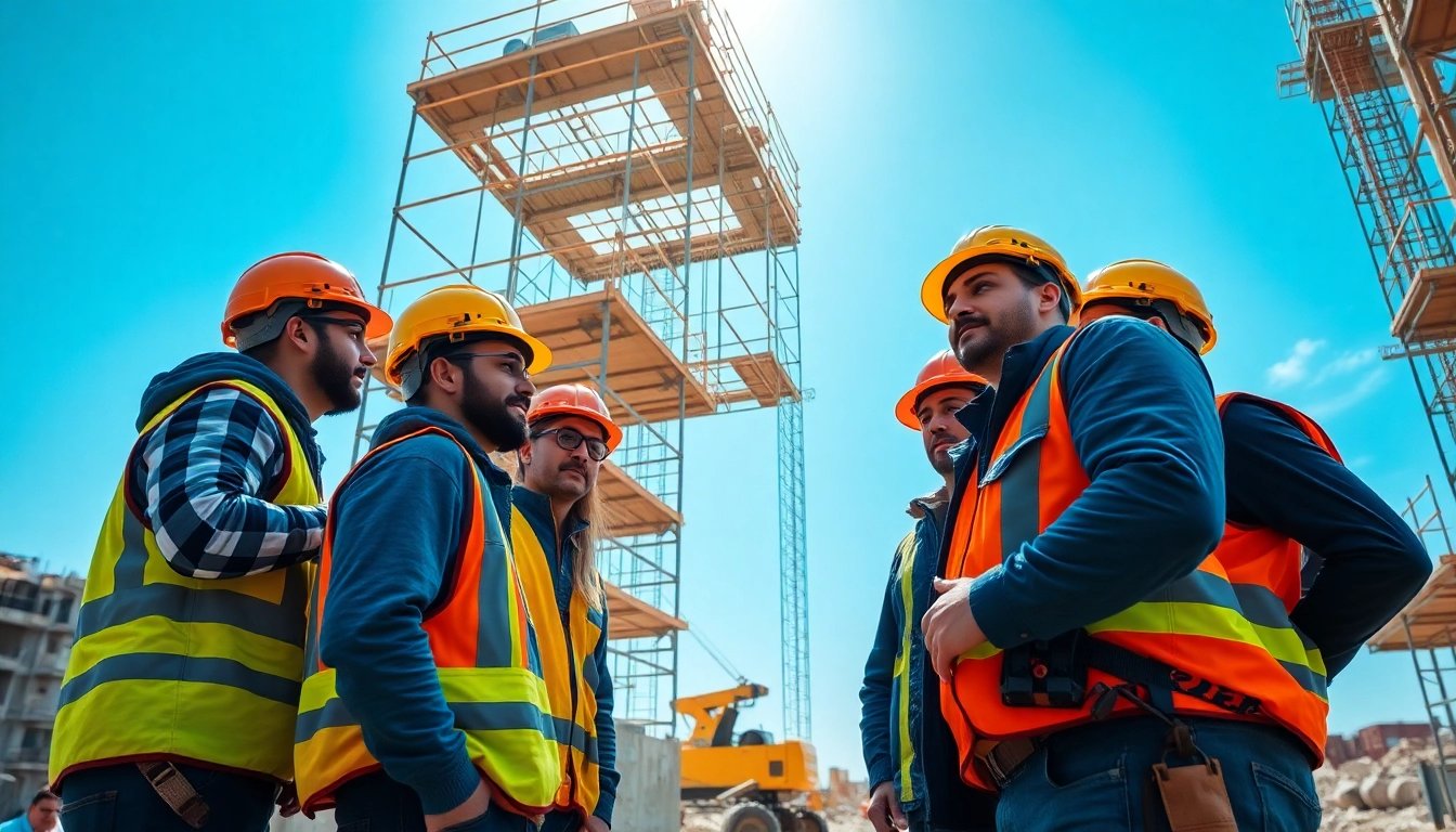 Construction site safety observed as workers coordinate wearing essential gear.