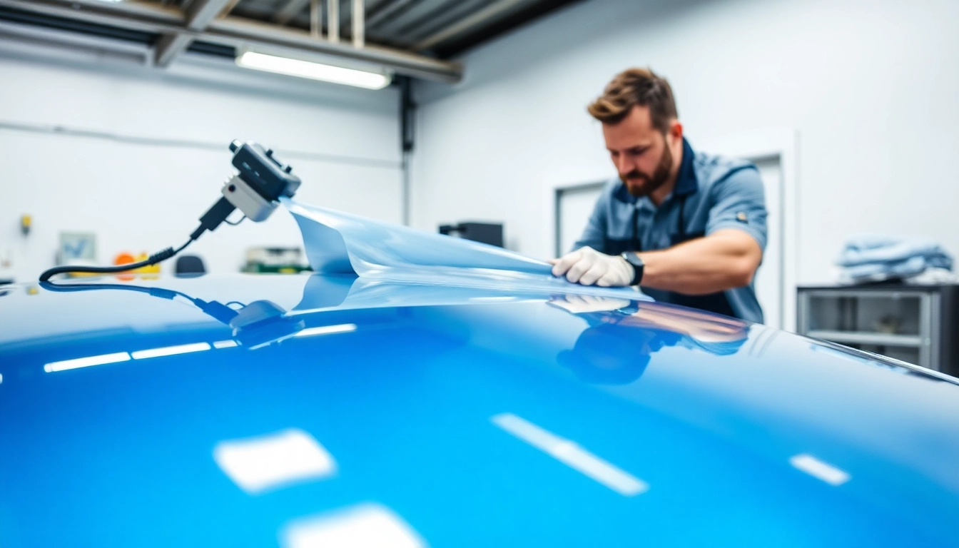 Applying paint protection film on a car in Fort Worth TX, emphasizing professional automotive care.