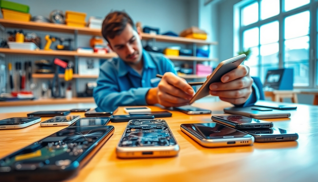 Sell broken phone cash with a technician examining a cracked smartphone in a vibrant workshop.