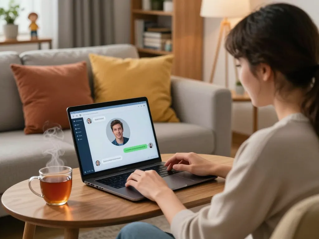 Engaging in sex chat ai with a digital companion in a cozy living room setting, highlighting personal connection.