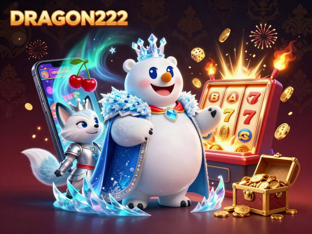 Experience excitement with DRAGON222, featuring a cartoon ice king and snow fox amidst a jackpot explosion.