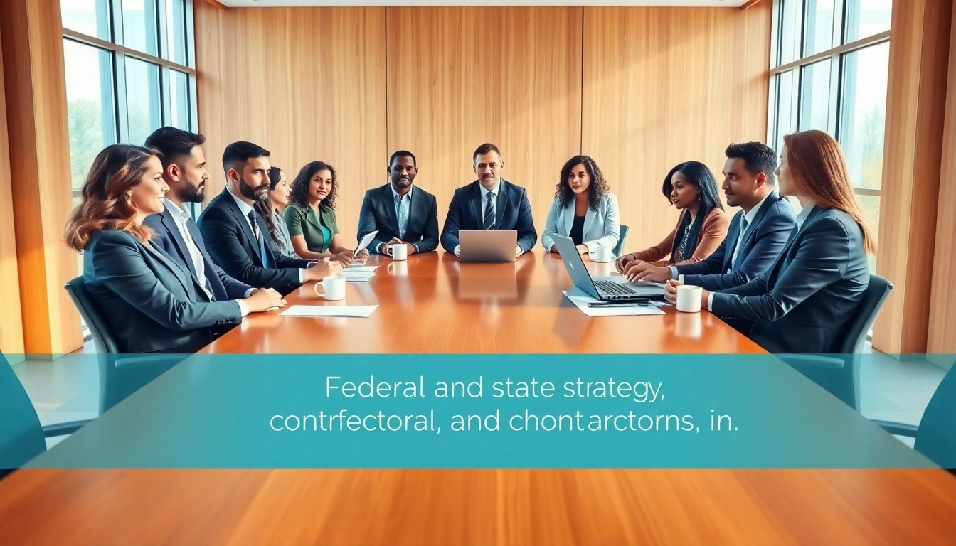 Discussing Federal and State contracts in a professional meeting room with diverse individuals.