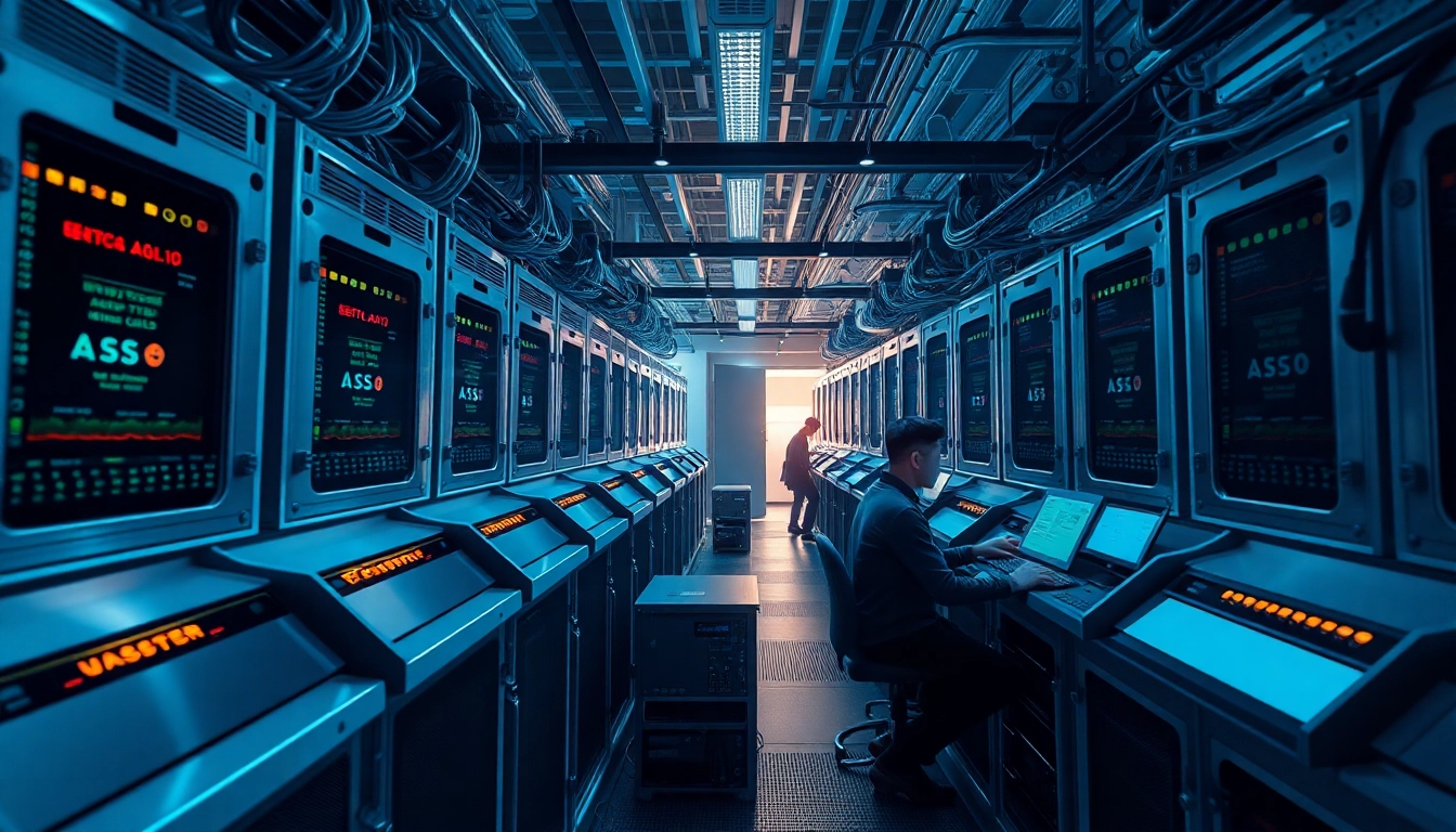 Crypto mining facility with advanced ASIC miners and digital screens illustrating real-time mining statistics.