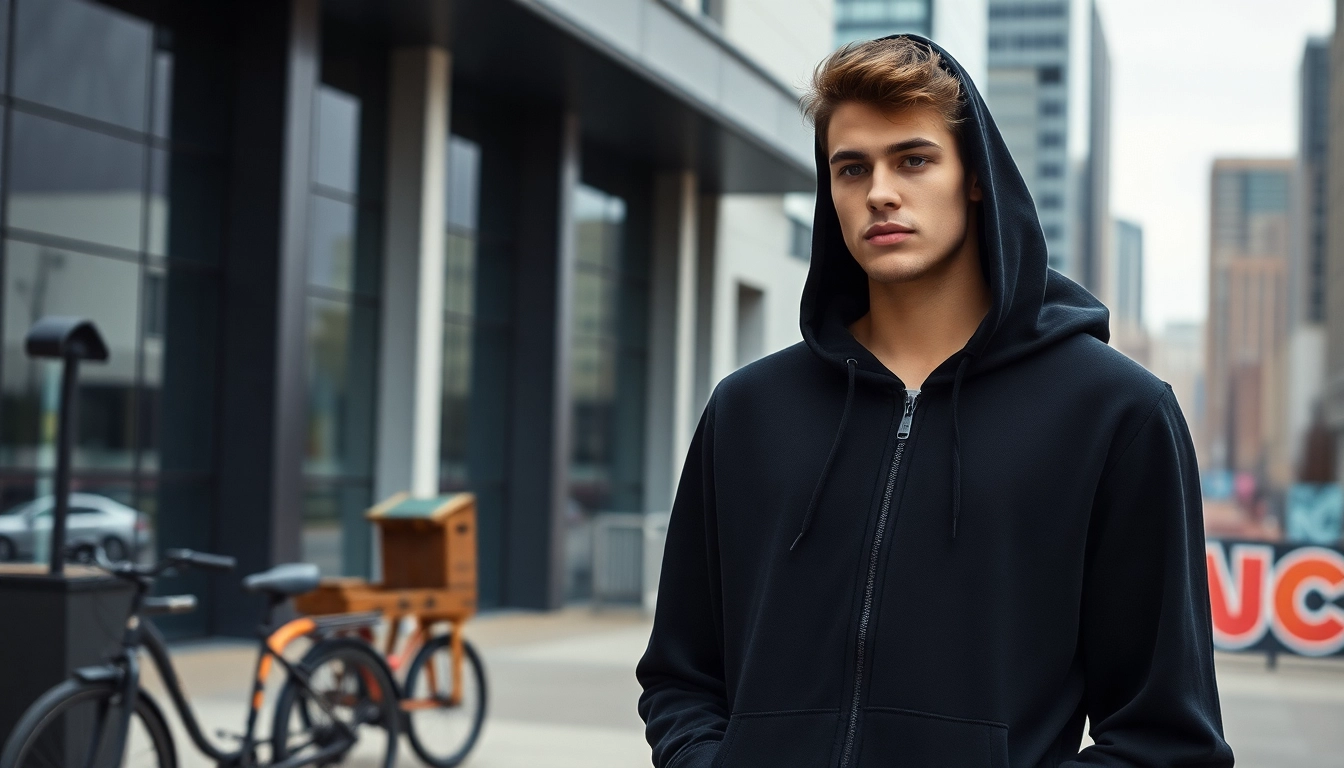 Model showcasing a stylish black zip up hoodie against a city backdrop.
