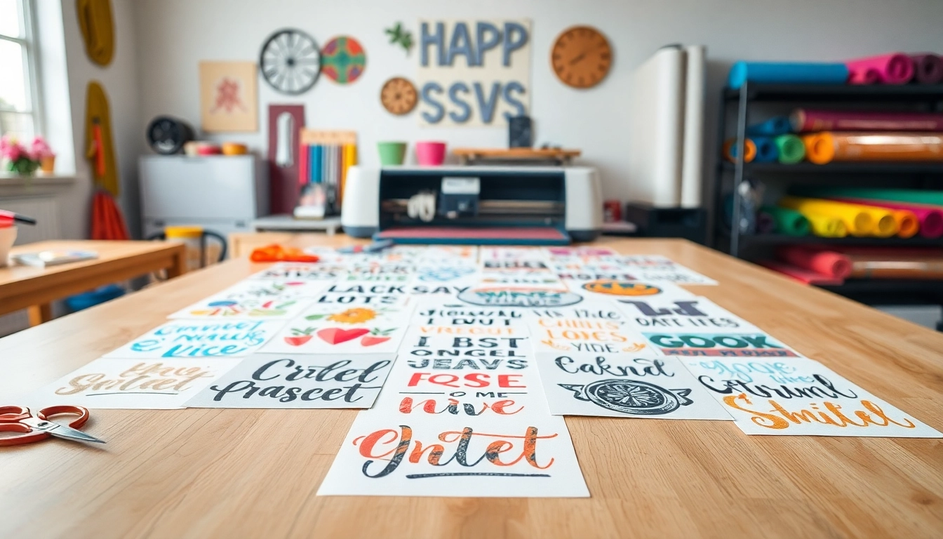 Explore vibrant free svg designs showcased on a crafting table with tools and colorful vinyl.
