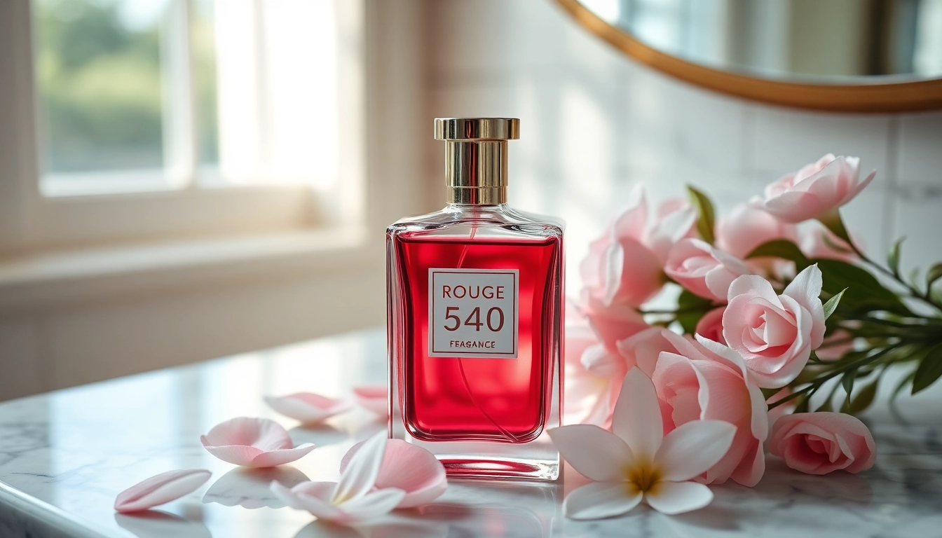 Admire the luxurious Rouge 540 fragrance elegantly surrounded by pastel flowers.