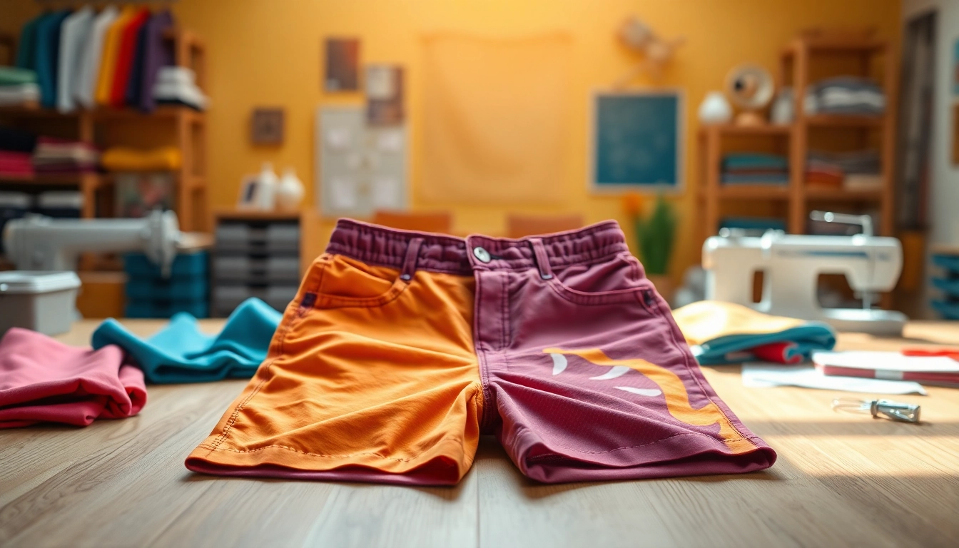 Showcasing quality shorts from Clothing Suppliers China in a vibrant studio setting.