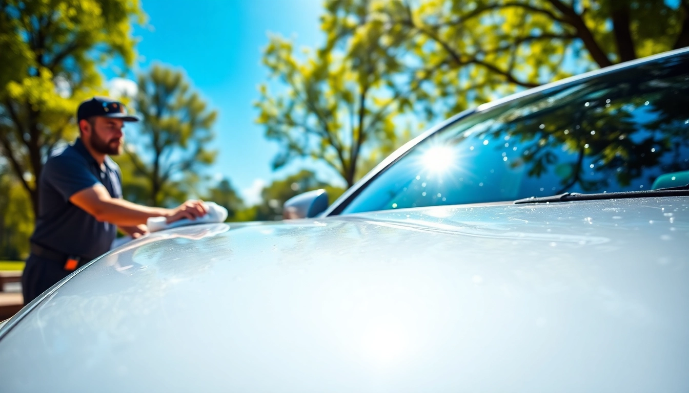 Mobile detailing Delray Beach with a professional detailer polishing a car in a sunny park.