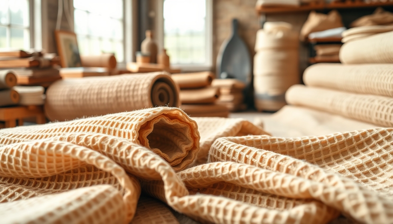 Wafelstof in een ambachtelijke werkplaats met zachte, textuurrijke stoffen zichtbaar.