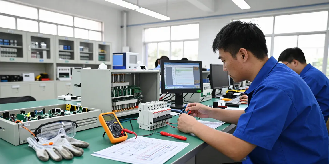 Engineer inspecting a DC MCB circuit breaker in a modern industrial workshop with tools and specifications.