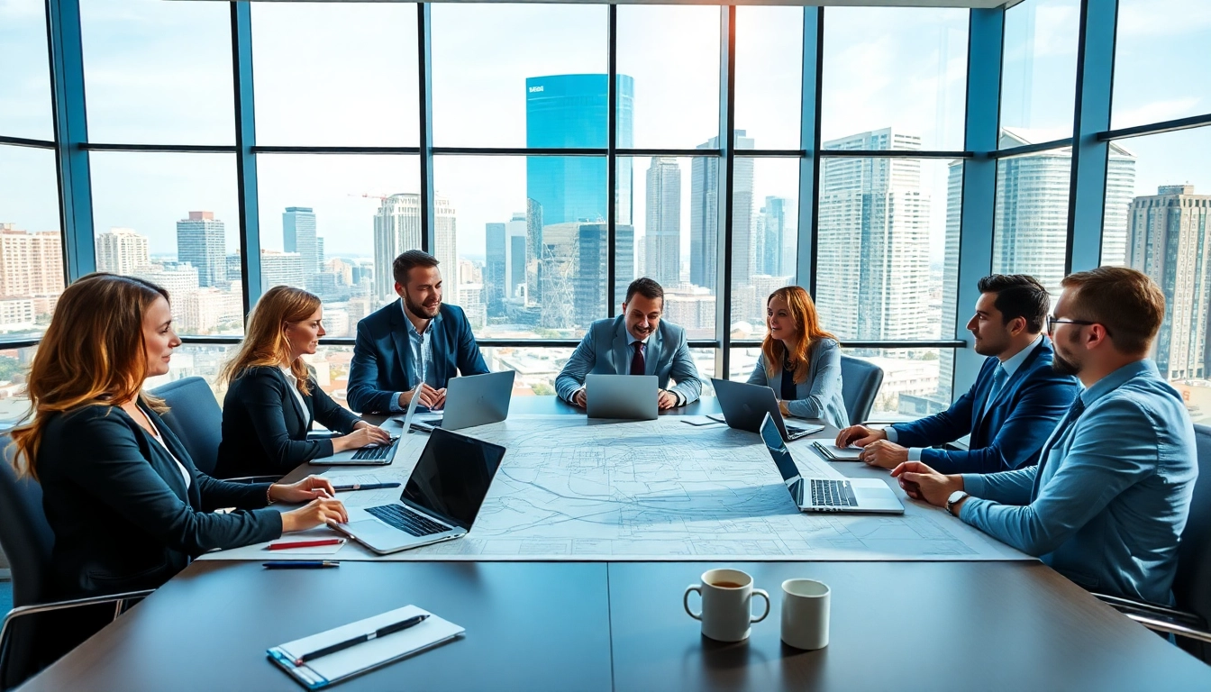 Corporate Event Planners strategizing in a bright conference environment with modern details.
