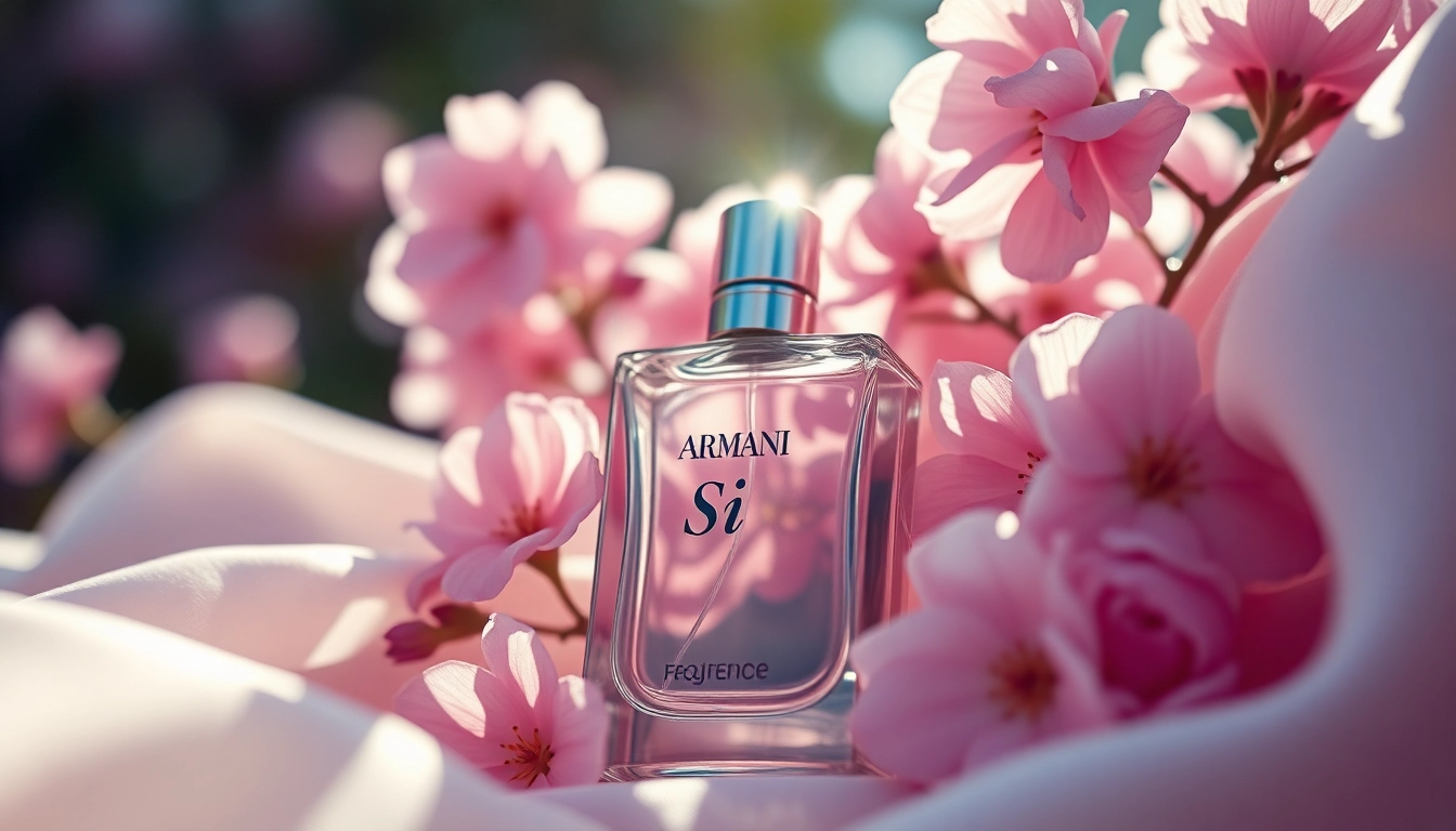 Admire the exquisite Armani si fragrance bottle elegantly showcased among flowers and silk.