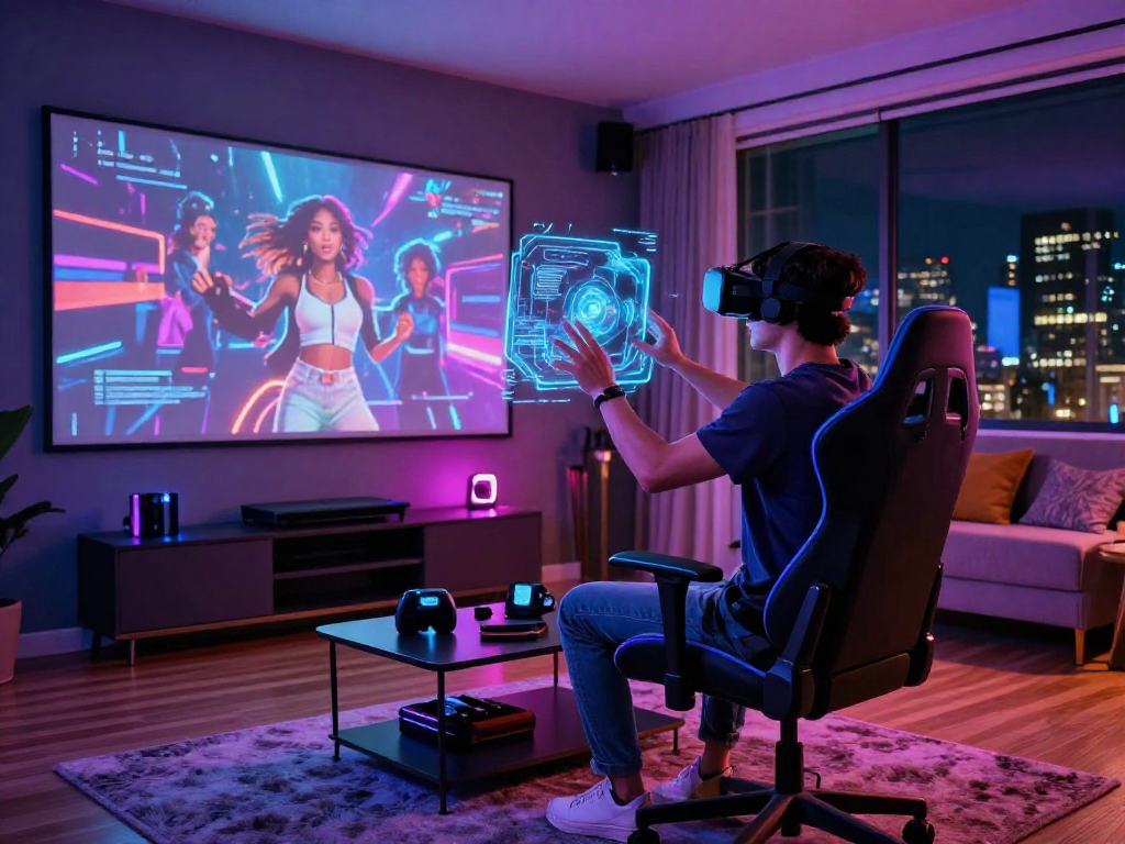 Immersive ai porn experience in a modern urban setting with vivid neon colors and interactive elements.
