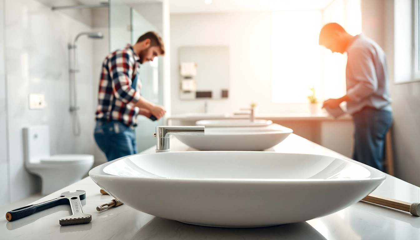 Handwerker installiert Qualitätssanitärobjekte von sonni sanitär GmbH in modernem Badezimmer.