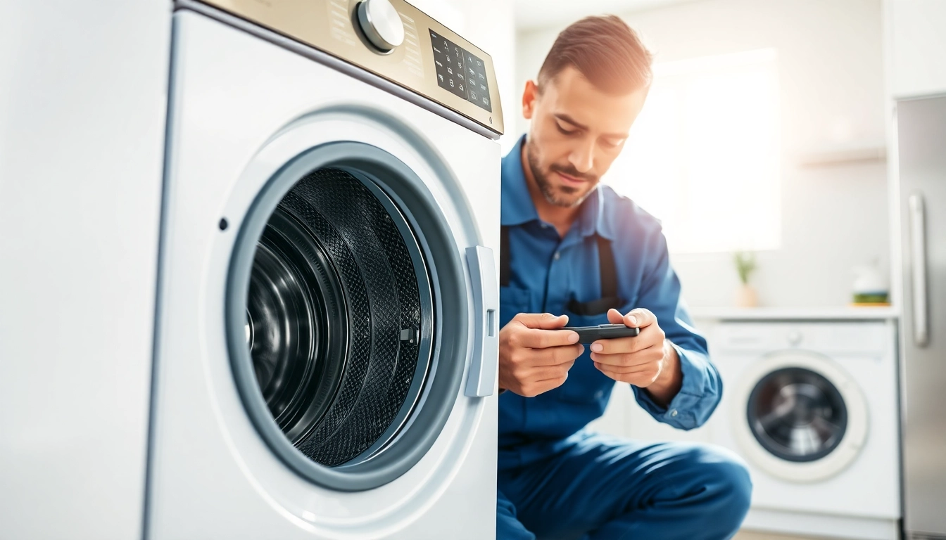 Expert appliance repair los angeles technician fixing a washing machine in a bright kitchen.