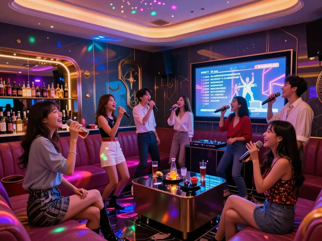 강남달토에서 화려한 조명과 에너제틱한 분위기 속에서 프리미엄 노래방 체험을 즐기고 있습니다.