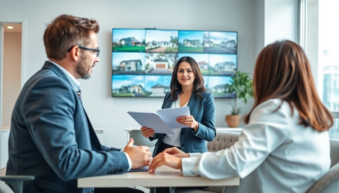 Showcasing a real estate agent guiding clients through property listings in a modern office.