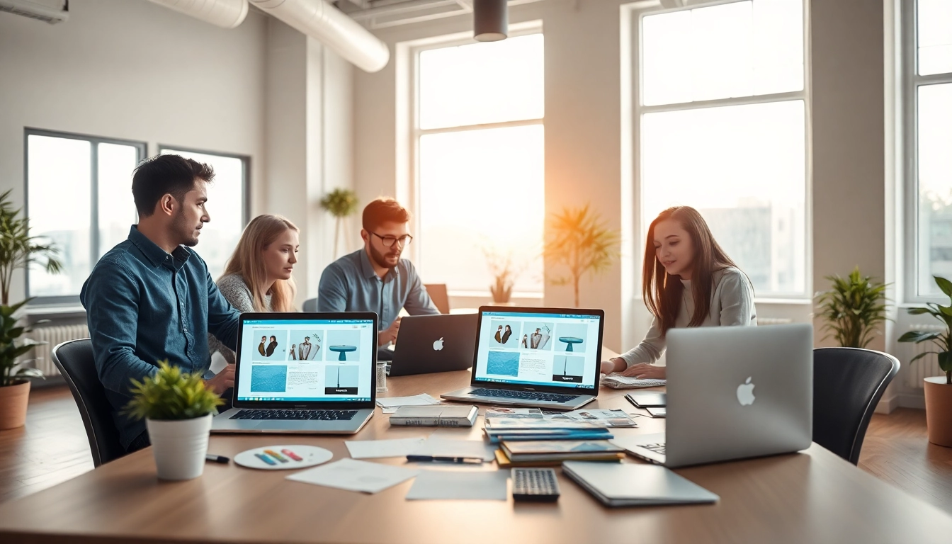Web design company team collaborating in a bright, modern office environment.