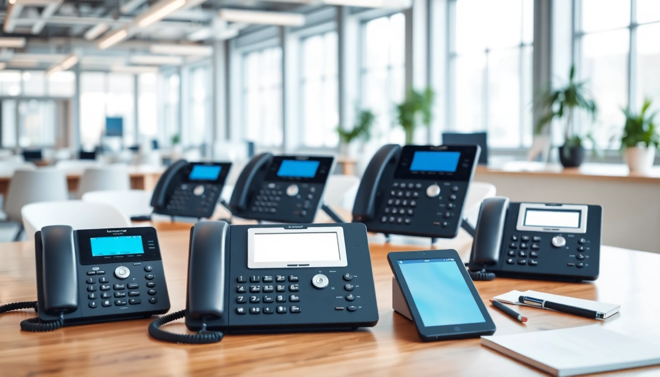 Showcase modern office phone systems arranged neatly on a desk in a vibrant workspace.