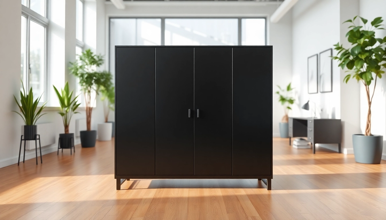 Showcasing a modern steel cabinet with sleek design in an office setting.
