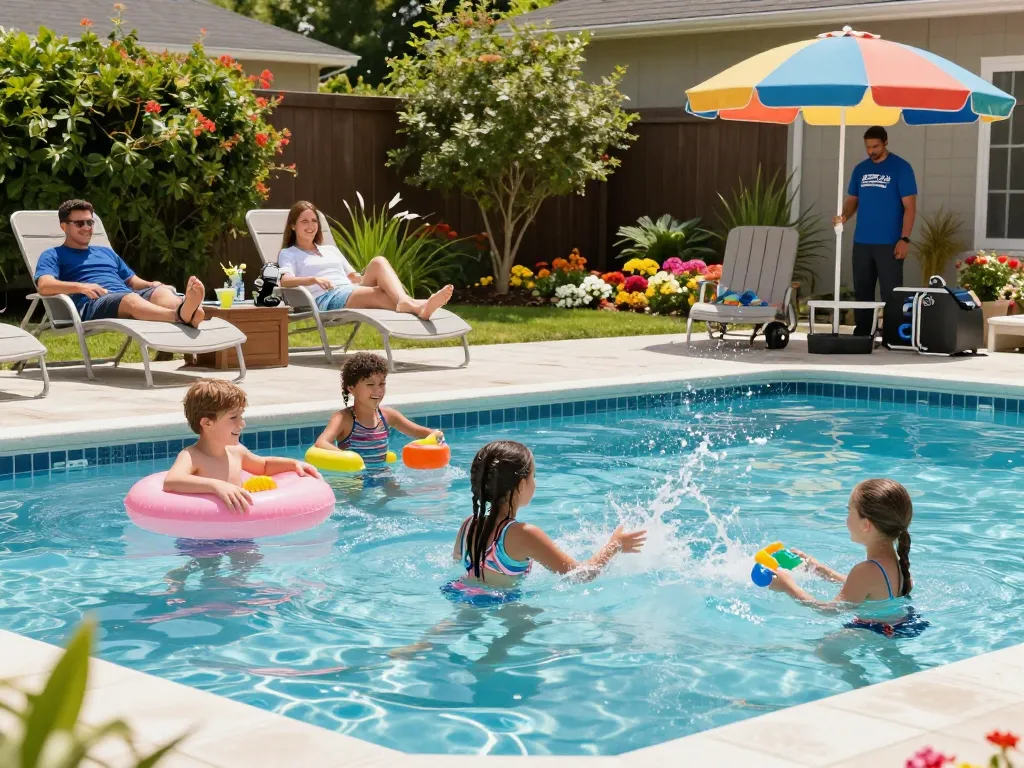 Dolphin Pool Services family enjoying a sunny swim in a beautifully maintained Virginia pool, showcasing relaxation and professional care.