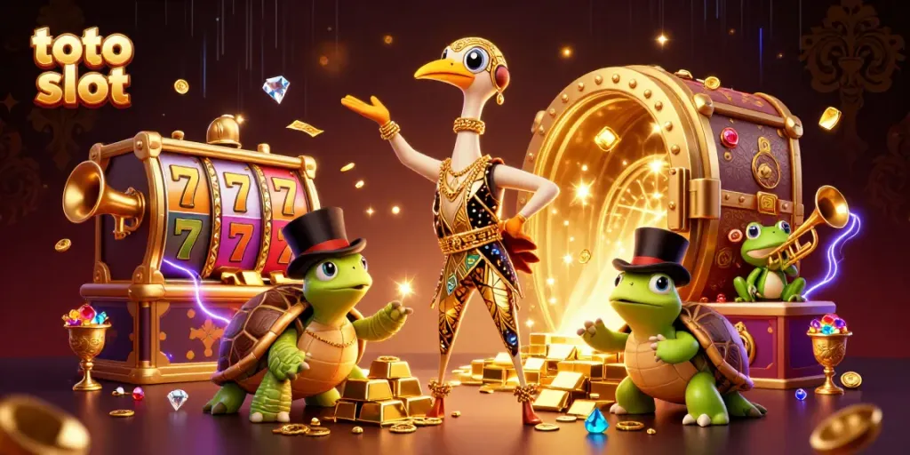 Slot permainan toto slot yang menarik dengan karakter unik di kasino digital, penuh harta berkilau.