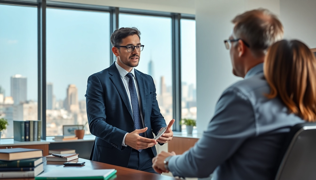 New York City Personal Injury Lawyer consulting with a client in a professional office.