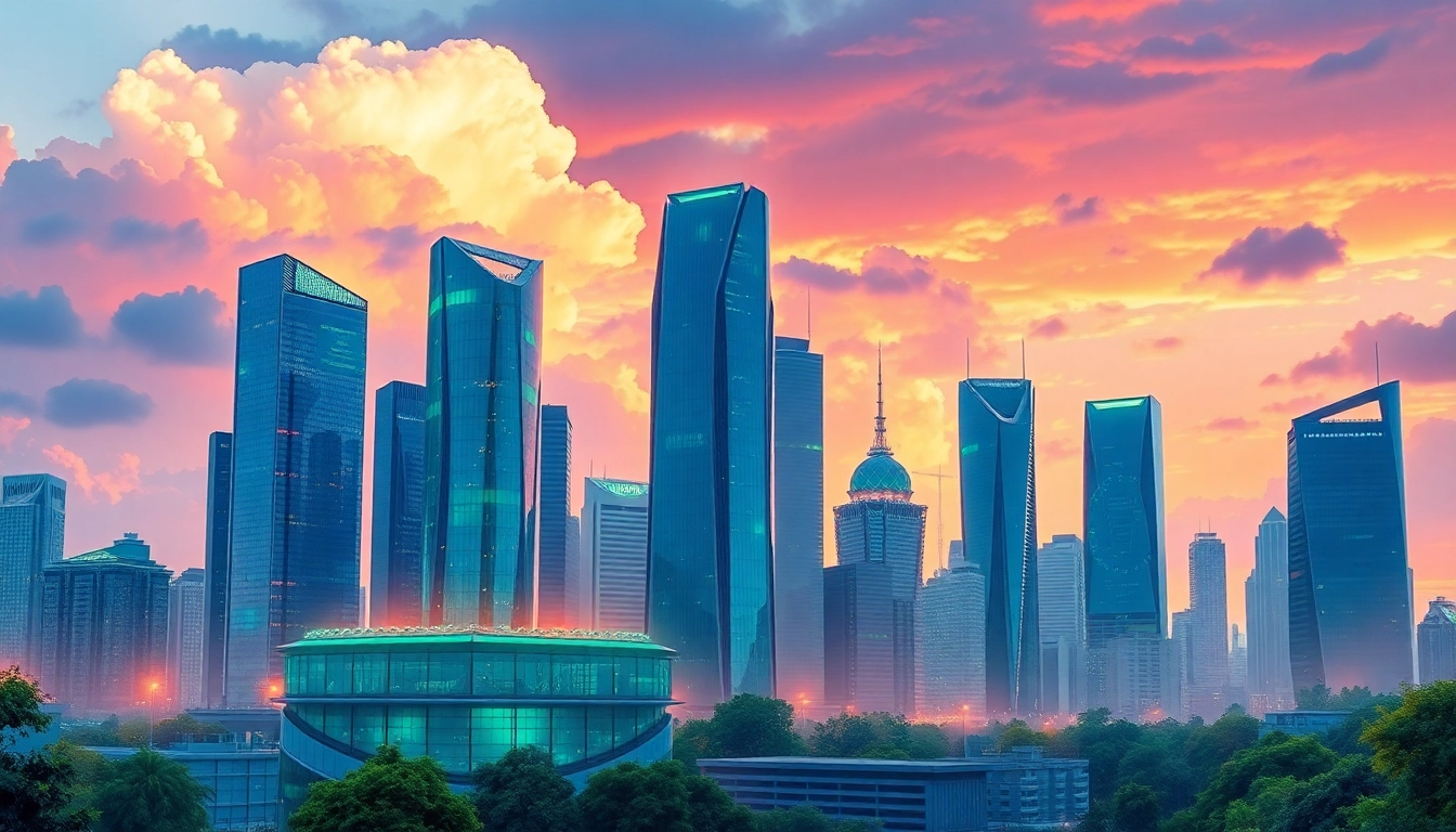 Technology illustration depicting a vibrant futuristic city skyline with innovative structures.
