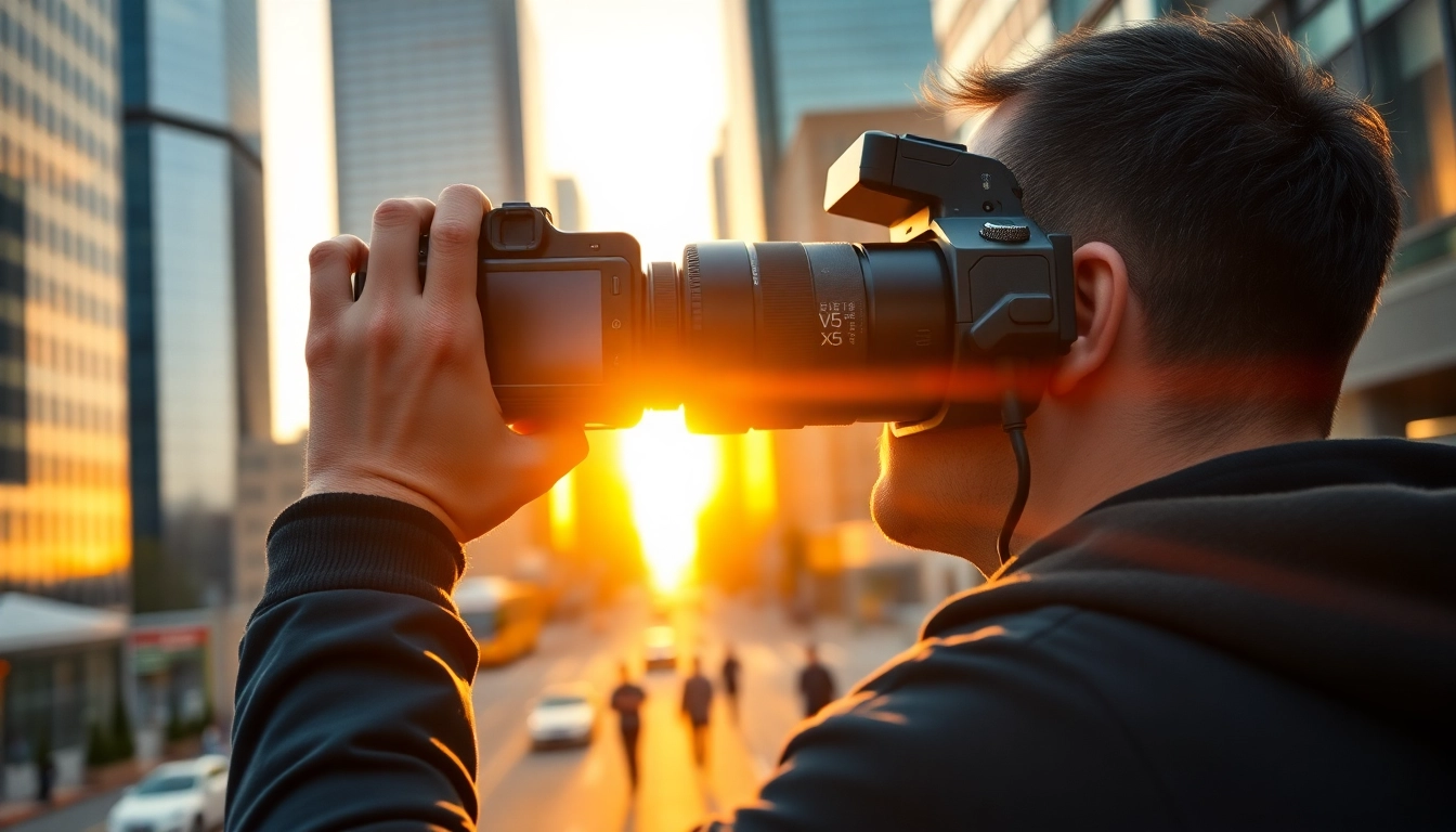 Photographer using the Insta360 X5 to capture stunning cityscapes during golden hour.