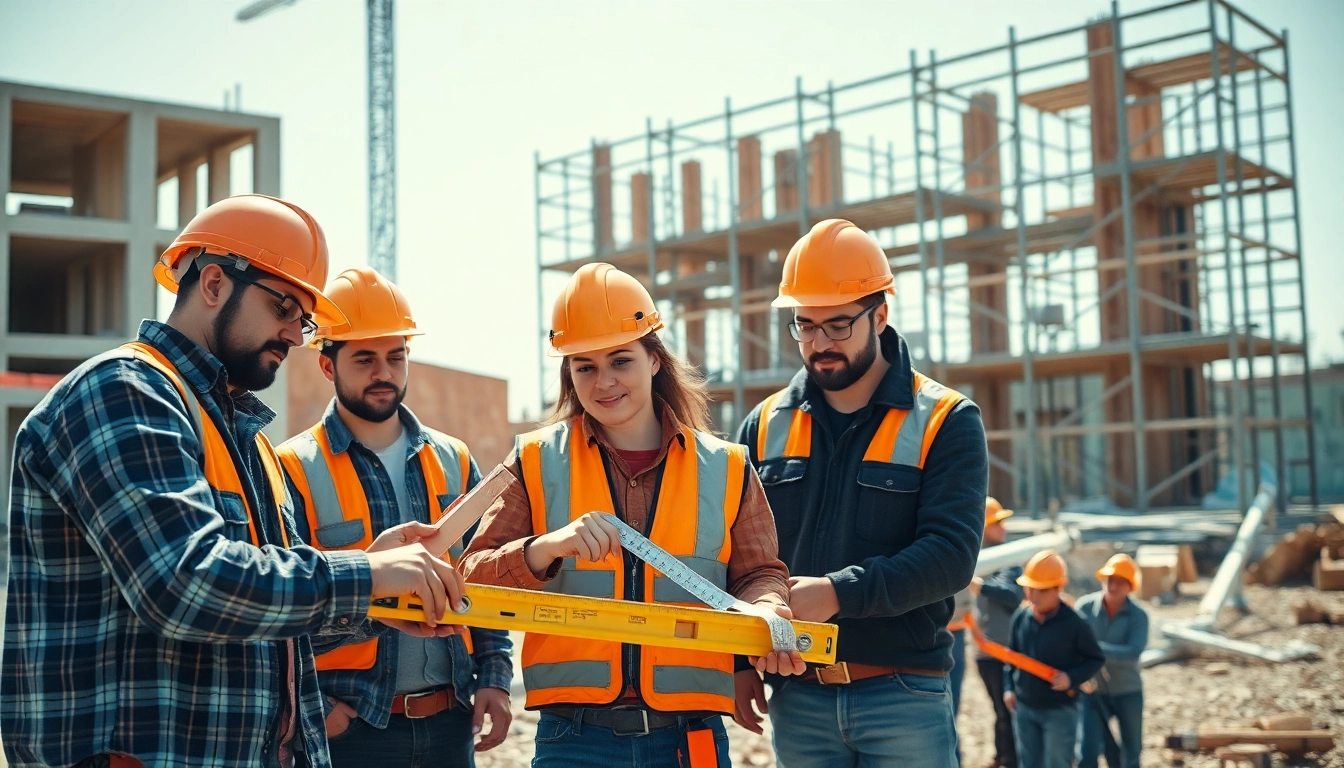 Construction apprenticeship training with apprentices on-site learning valuable skills.