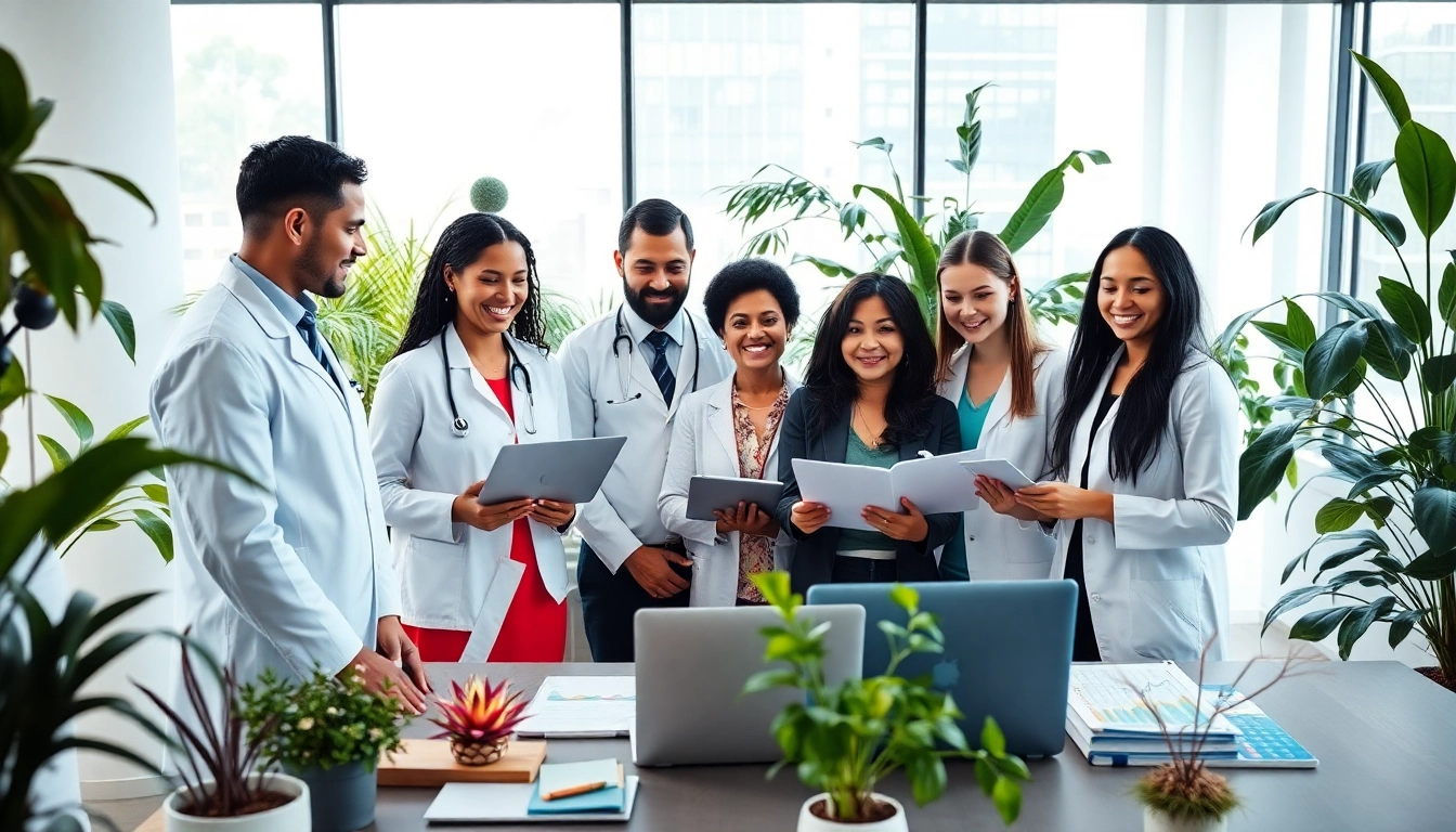 Health experts collaborating in a modern office, focused on improving health solutions.