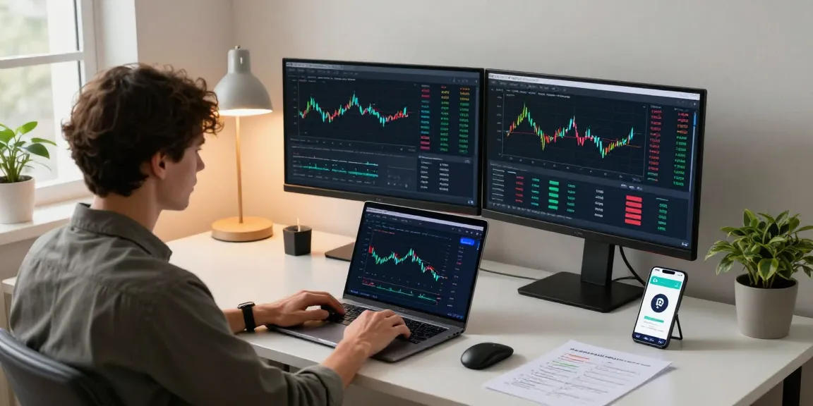Crypto cloud mining analysis with cryptocurrency prices and digital wallet security in a cozy home office.