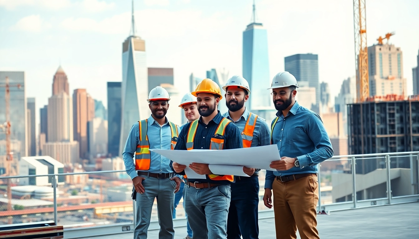 Manhattan General Contractor's team collaborating on a construction project with skyline backdrop.