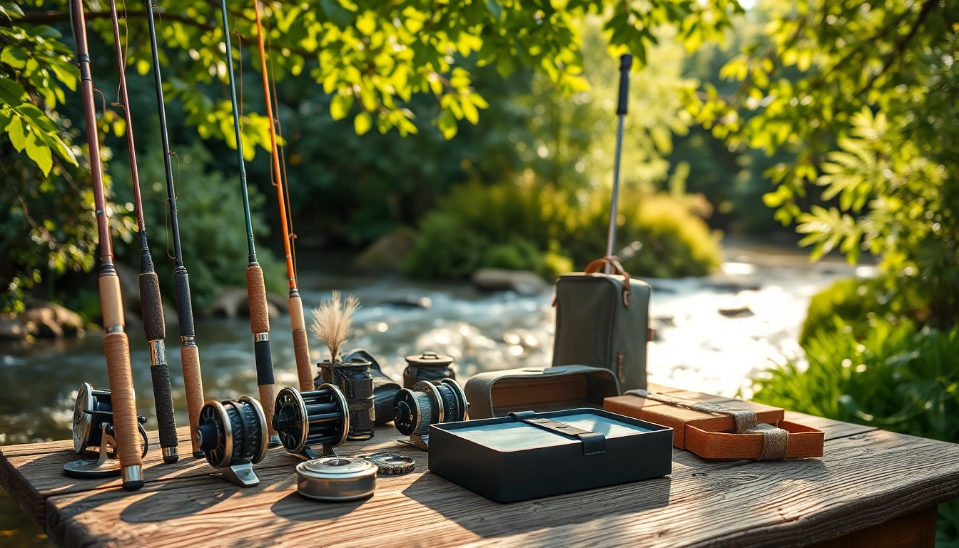 Showcase of fly fishing accessories, featuring various rods and reels on a rustic table.