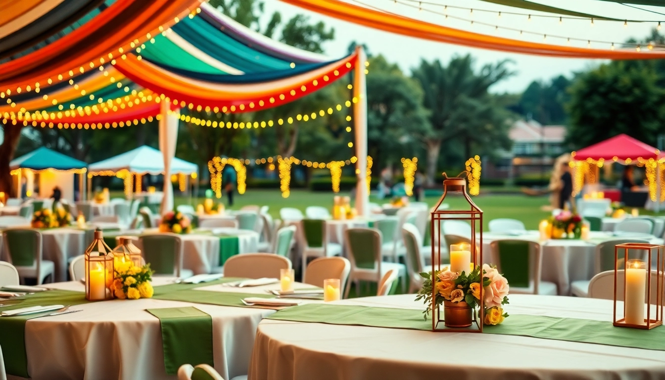 Elegant outdoor Event Rentals setup with vibrant centerpieces and warm lighting for celebrations.
