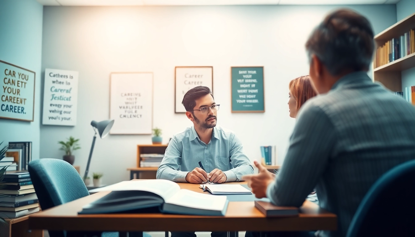 Find my true calling conveyed through a career coach assisting a client in a tranquil office.