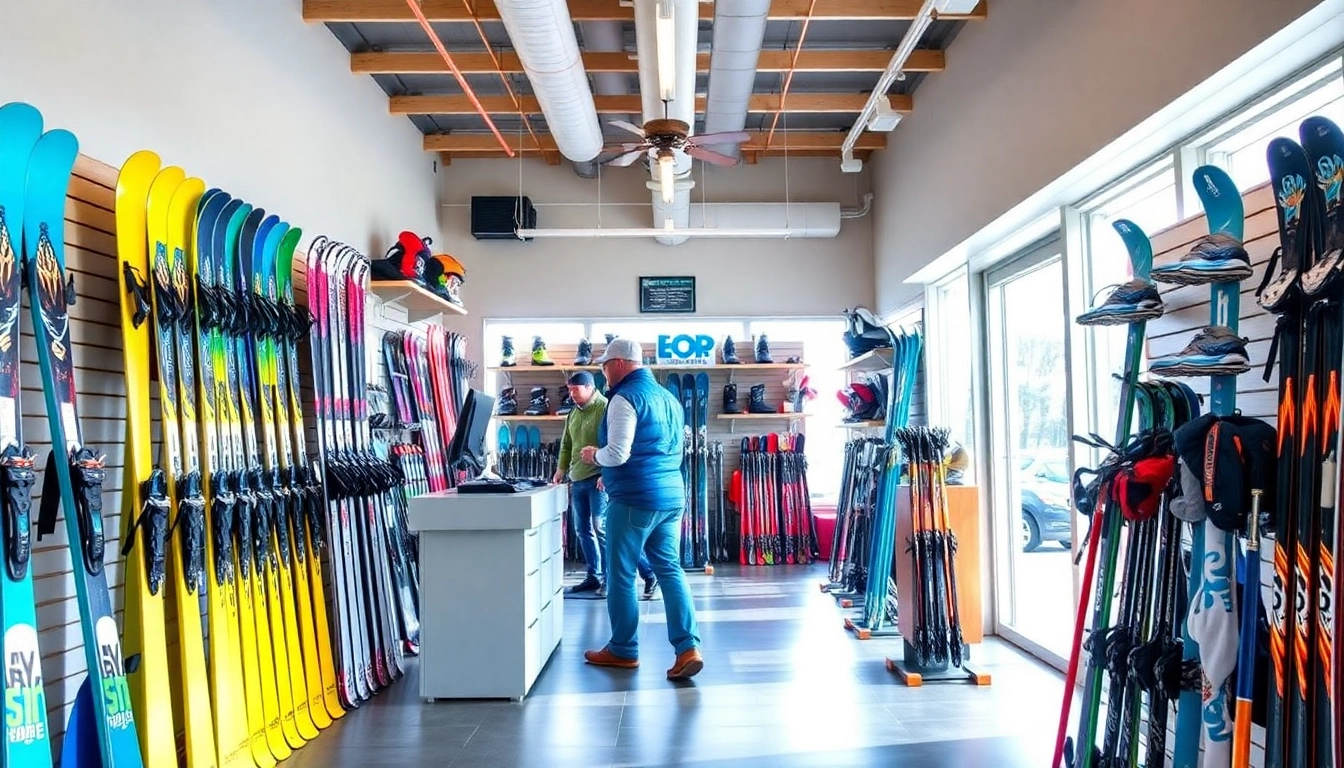 Ski shop Salem, NH displaying colorful ski gear and staff assisting customers.