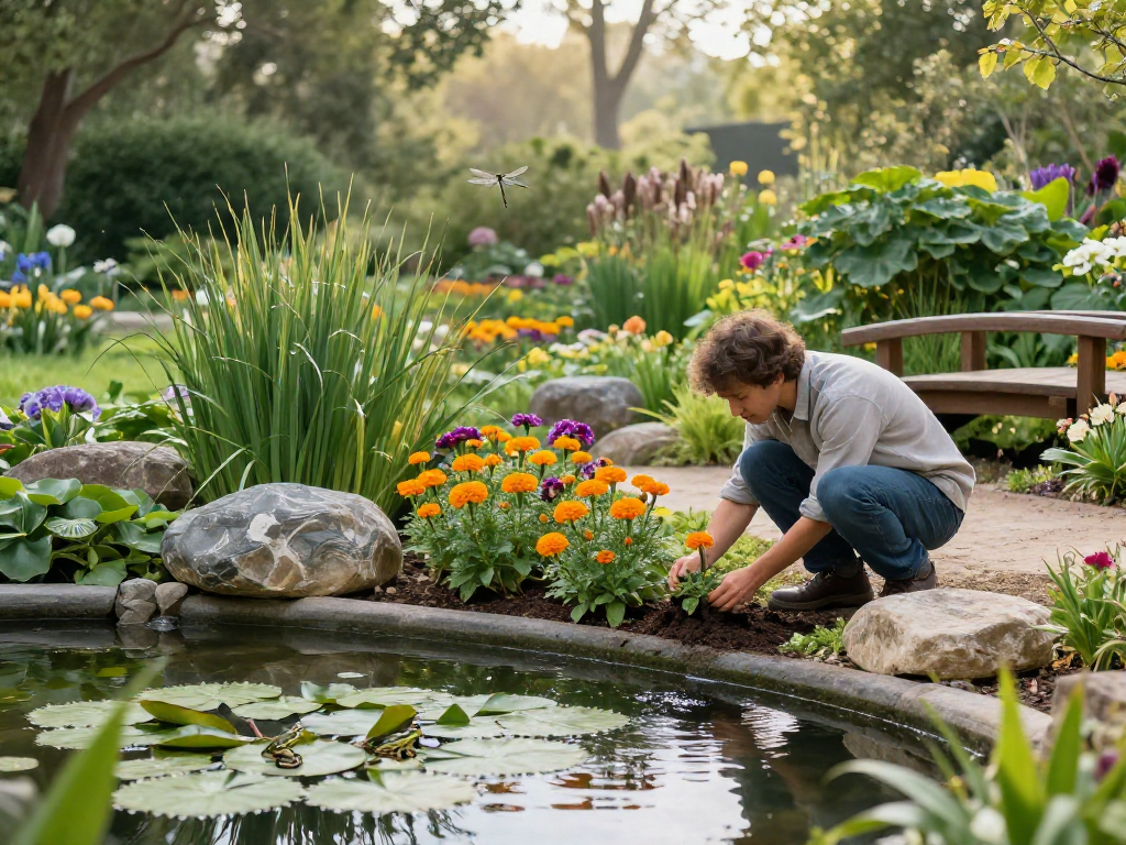 Buy Marginal Pond Plants while a gardener plants vibrant flowers by a tranquil pond.