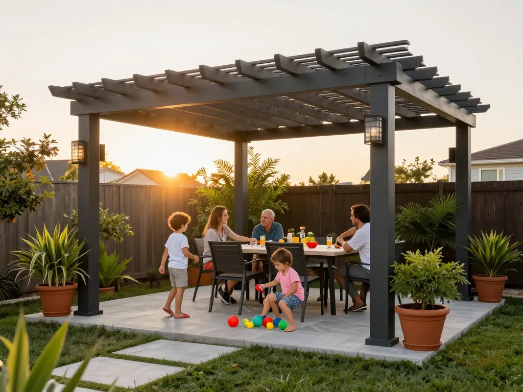 Enjoying time under a configuratore 3D pergola with family on a sunny patio.