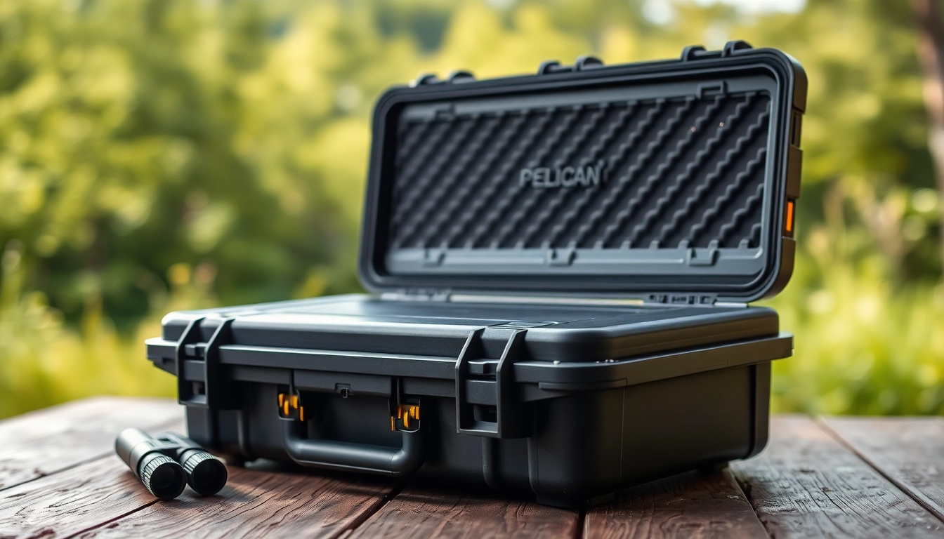 Show casing a pelican rifle case on a wooden table with outdoor elements.