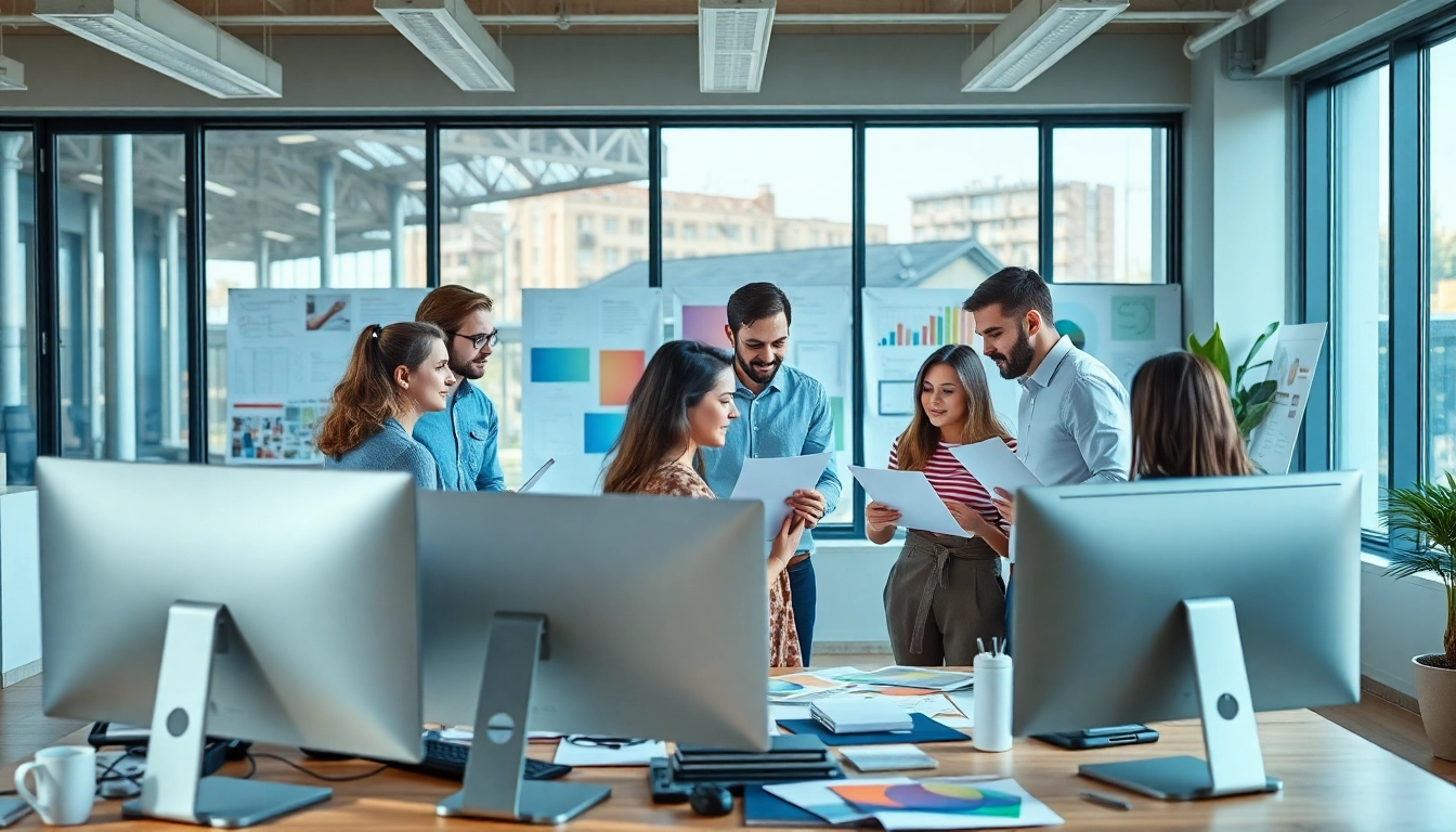 A web design company team collaborates in a vibrant office environment, showcasing their design work.
