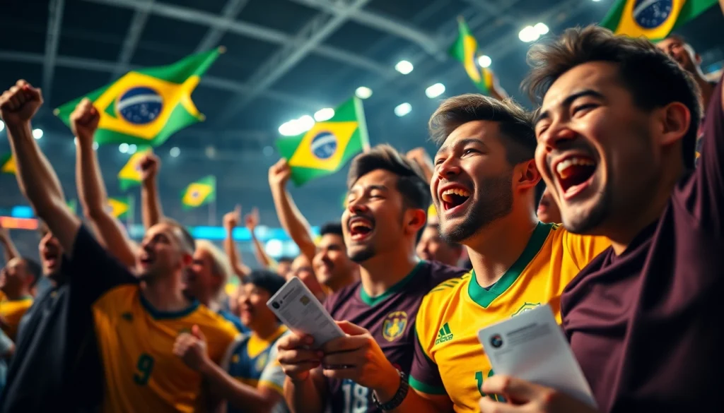 Exciting scene of sports betting in Brazil with fans celebrating a winning bet.