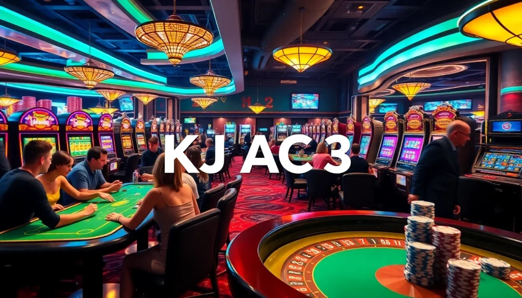 A lively casino table scene at KJC AC 3 with players enjoying poker and blackjack.