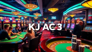 A lively casino table scene at KJC AC 3 with players enjoying poker and blackjack.