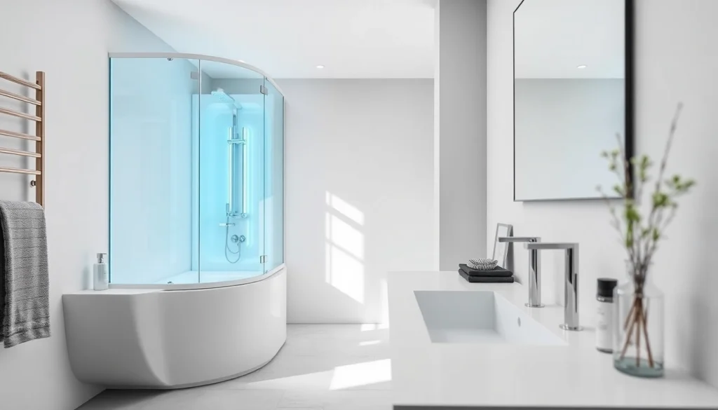 Aménager un espace contemporain avec sirhona, incluant une cabine de douche élégante et un mobilier moderne.