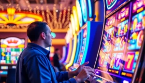 Menampilkan slot mesin slot yang berwarna-warni dengan pemain yang terlibat dalam permainan di kasino.